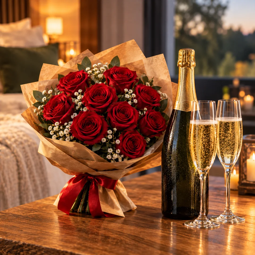 Romantic Surprise – 9 Roses & Sparkling Wine